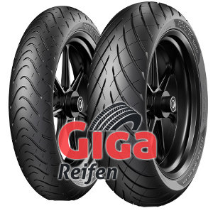Black Metzeler Roadtec Scooter tire (110/70-13 RF TL 54S M/C) with a sleek tread pattern, designed for front wheel use, displayed alongside a logo for Giga Reifen.