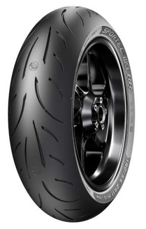Black motorcycle tire with a sleek, sporty tread pattern, labeled "Sportec M9 RR," sized 140/70 R17, featuring a metal rim and a modern design suitable for performance bikes.
