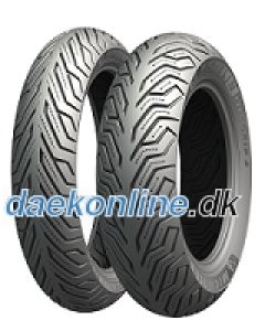 Two Michelin City Grip 2 motorcycle tires in size 100/80-16 TL 50P, featuring a distinctive tread pattern for enhanced grip and stability, with a gray rubber exterior.