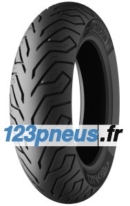Black motorcycle tire with a distinctive tread pattern, labeled "City Grip" by MICHELIN, designed for urban riding, featuring a smooth profile and durable rubber material.