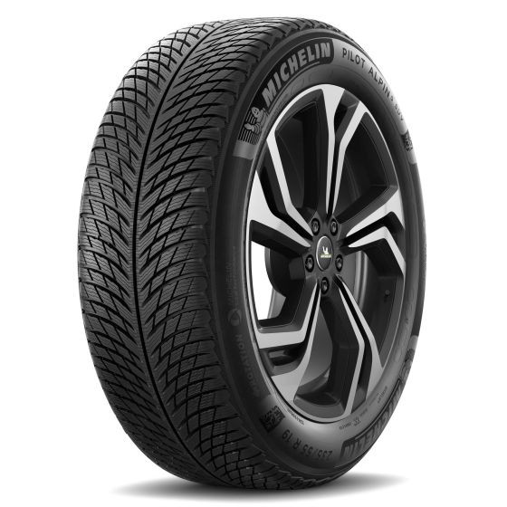 Michelin Pilot Alpin 5 SUV winter tyre in size 255/45 R20, featuring a black rubber tread with a unique zigzag pattern and a sleek alloy wheel design with a silver and black finish.