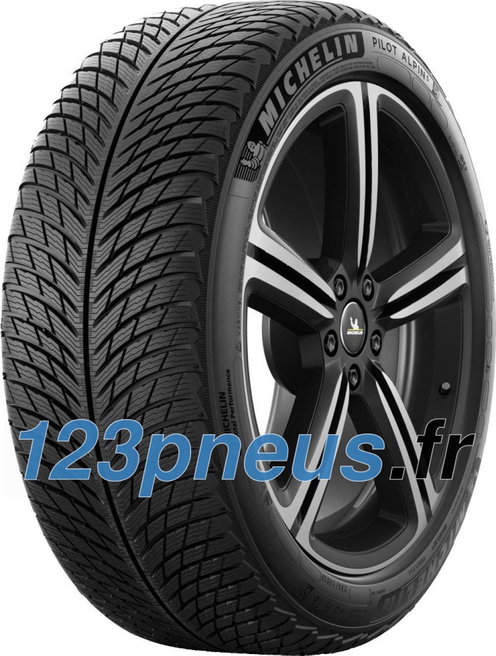 Black Michelin Pilot Alpin 5 tire with a tread pattern designed for winter performance, featuring a sleek alloy wheel with a multi-spoke design and the size 265/40 R19 102V XL EV Suitable, MO1.