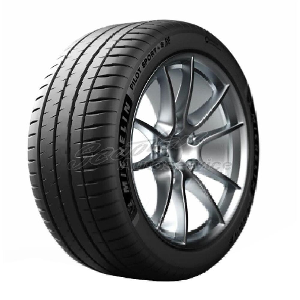 Black Michelin Pilot Sport 4 S summer tire with a sleek tread pattern, labeled with "305/30 R20 103Y," mounted on a stylish silver alloy wheel.