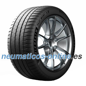Black summer tire with a sleek tread pattern, labeled "Michelin Pilot Sport 4 S 315/35 R20 110Y," mounted on a silver alloy wheel, showcasing performance design.