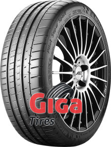 Black Michelin Pilot Super Sport summer tire with a sleek tread design, labeled 245/35 R18 92Y, showcasing a shiny alloy wheel and the Giga Tires logo.