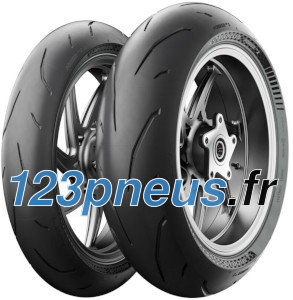 Michelin Power GP 2 rear motorcycle tire, size 180/55 R17, features a sleek black rubber surface with distinct tread patterns and a silver alloy wheel design.