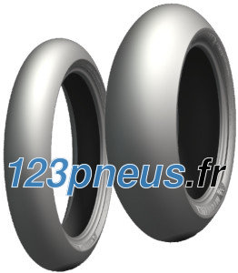 Two slick racing tires by MICHELIN, featuring a smooth, glossy gray surface and a sturdy black inner lining, designed for optimal performance on track surfaces.