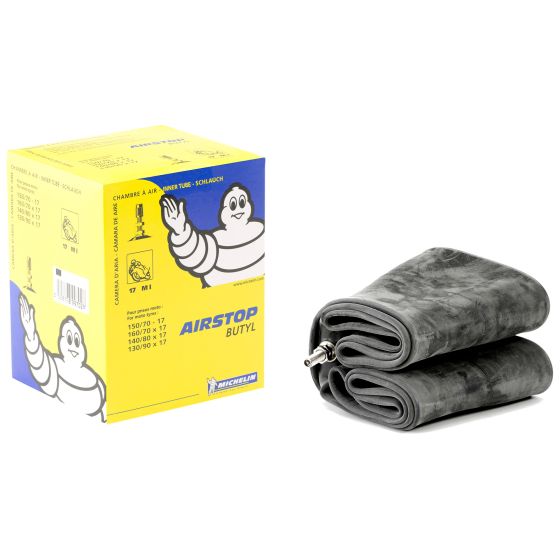 Michelin Road Inner Tubes - Option H in a yellow and blue box, with two rolled gray butyl rubber tubes and a metal valve visible.