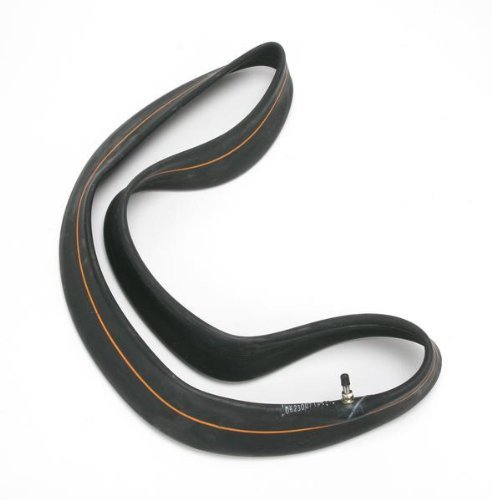 Black rubber motorcycle tube with a 90/90-21 size, featuring an orange stripe along the edge and a valve stem for inflation.
