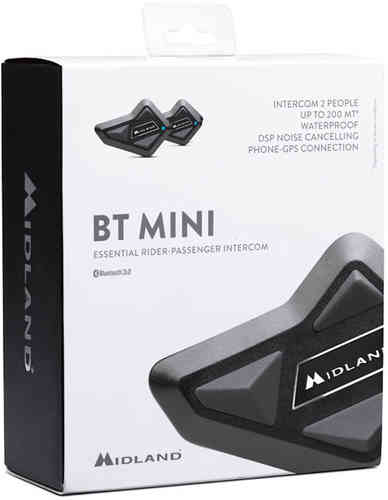 Black Midland BT Mini communication system twin set packaging featuring a sleek design, waterproof label, and key features like intercom range and noise cancellation.