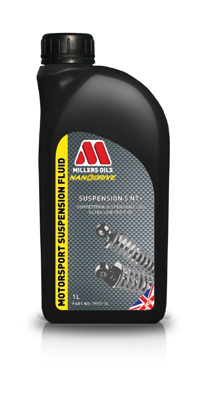 Black plastic bottle with a black screw cap, featuring a vibrant yellow and grey label that highlights "Millers Oils Suspension 5 Nt+" and "1L" in bold text, along with a graphic of suspension components.