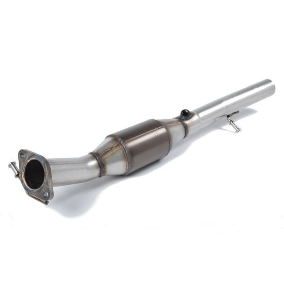 Milltek 2.36" Hi-Flow Sports Cat in polished stainless steel, featuring a curved body, a central catalytic converter, and flanged ends for easy installation with Milltek systems.