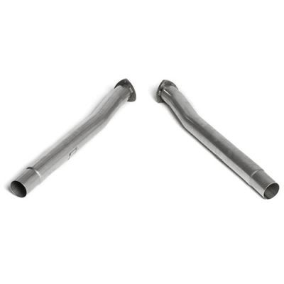 Milltek 3" Secondary De Cat features two polished stainless steel pipes with a smooth finish and angled ends for enhanced exhaust flow.