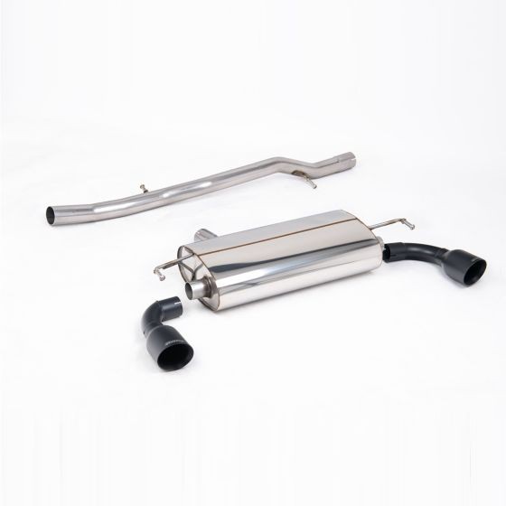 Milltek Non-Resonated 2.5" Cat Back Exhaust System featuring a polished stainless steel muffler and 2x 100mm round GT Cerakote black tailpipes.