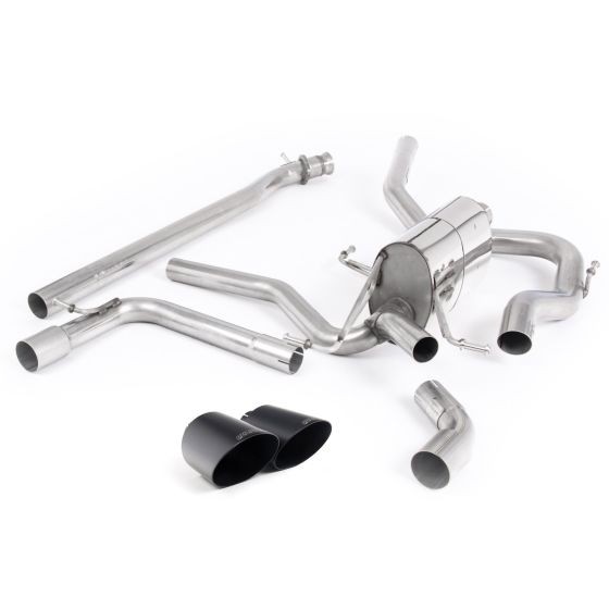Milltek Non-Resonated 2.5" Cat Back Exhaust System featuring stainless steel pipes and 2x 115mm round GT Cerakote black tailpipes, showcasing a sleek and durable design.