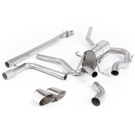 Milltek Non-Resonated 2.5" Cat Back Exhaust System featuring polished stainless steel construction with two 115mm round GT tailpipes and multiple exhaust pipes.