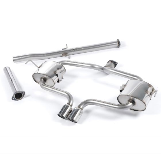 Milltek Non-Resonated 2.5" Cat Back Exhaust System featuring polished 76.2mm round GT tailpipes, made of stainless steel with a sleek, metallic finish.