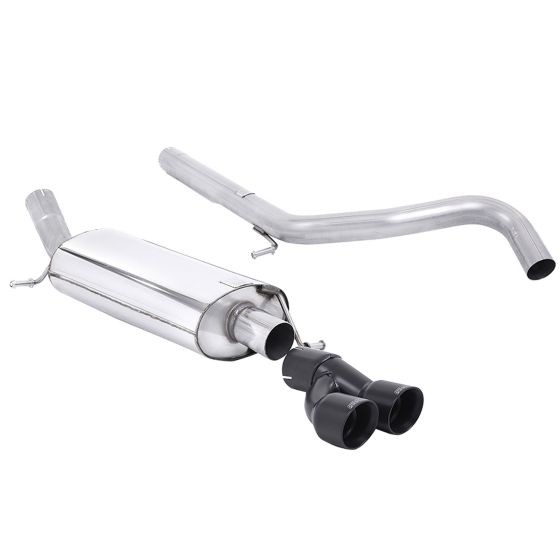 Milltek Non-Resonated 2.5" Cat Back Exhaust System featuring a polished stainless steel body and two 80mm round GT Cerakote black tailpipes.