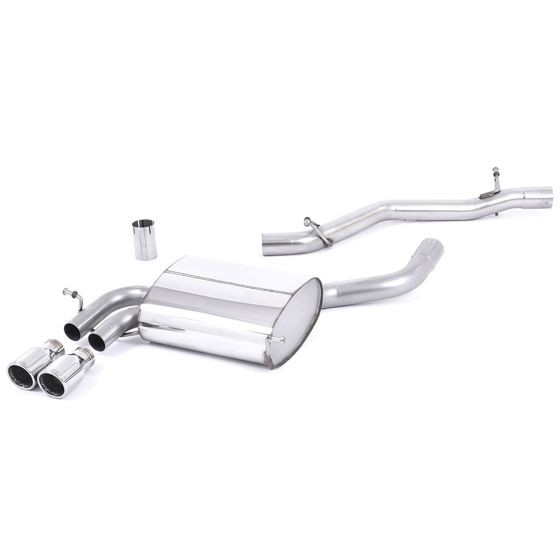 Milltek Non-Resonated 2.5" Cat Back Exhaust System featuring a polished stainless steel finish and two 80mm round jet polished tailpipes.