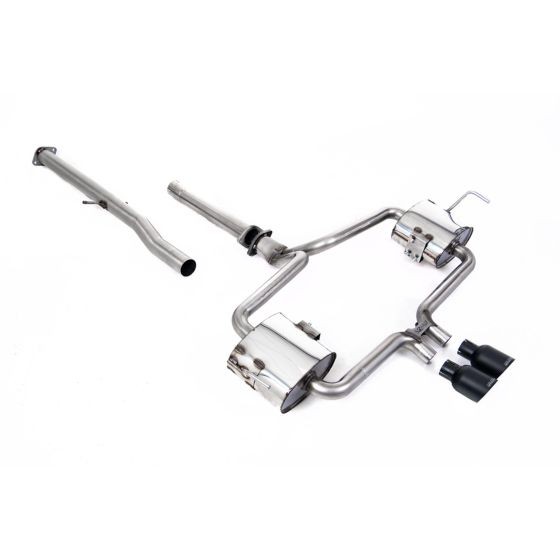 Milltek Non-Resonated 2.5" Cat Back Exhaust System featuring polished stainless steel pipes and 2x 90mm round GT Cerakote black tailpipes.