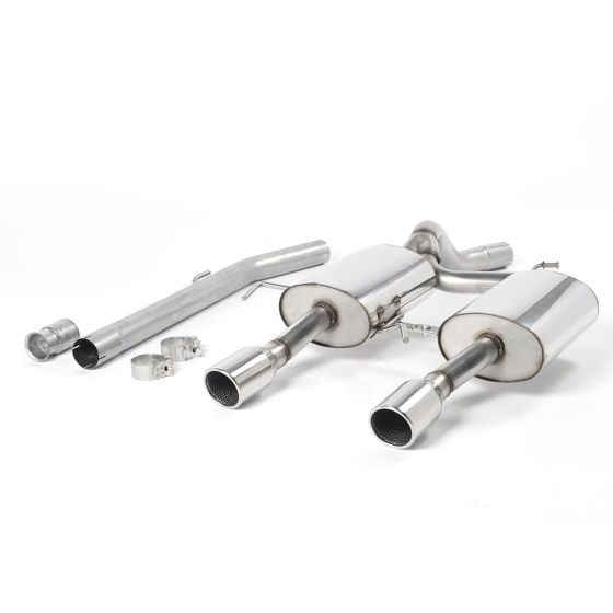 Milltek Non-Resonated 2.5" Cat Back Exhaust System featuring two polished 90mm round jet tailpipes, made of stainless steel with a sleek, shiny finish and various mounting hardware included.