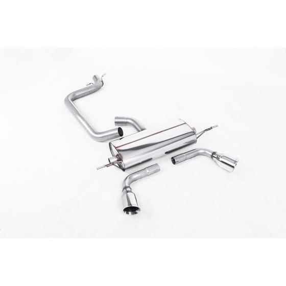 Polished stainless steel exhaust system featuring a 2.75" diameter, with two 100mm round GT tailpipes and curved piping components for enhanced performance.