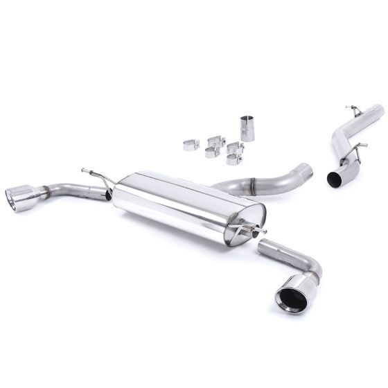 Milltek Non-Resonated 2.75" Cat Back Exhaust System featuring polished stainless steel construction, two 100mm round jet polished tailpipes, and various connecting pipes and clamps.
