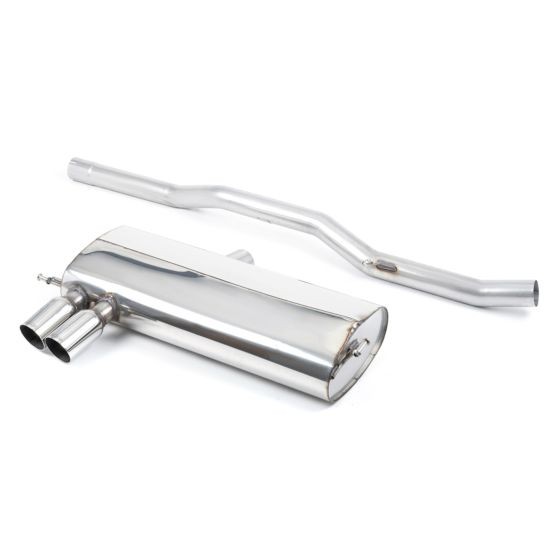 Polished stainless steel cat-back exhaust system featuring a large muffler and two round 76.2mm GT tailpipes, designed for enhanced performance and sound.