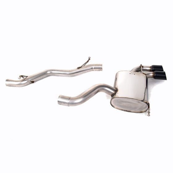 Milltek Non-Resonated 2.75" Cat Back Exhaust System featuring polished stainless steel pipes and 2x 80mm round GT Cerakote black tailpipes.