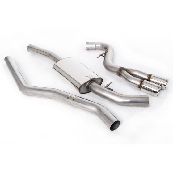 Milltek Non-Resonated 2.75" Cat Back Exhaust System featuring polished stainless steel construction, with two 80mm round jet polished tailpipes and curved piping sections.