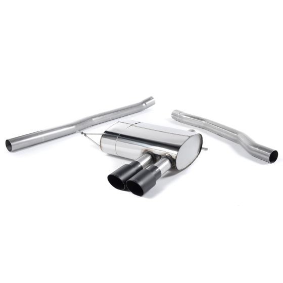 Milltek Non-Resonated 2.75" Cat Back Exhaust System featuring a polished stainless steel muffler and two 90mm round GT Cerakote black tailpipes, with connecting pipes included.