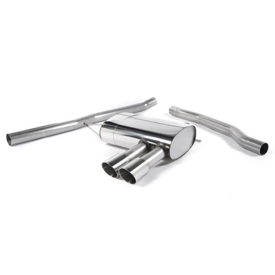 Polished stainless steel exhaust system featuring a non-resonated design, 2.75" diameter, and two 90mm round GT tailpipes.