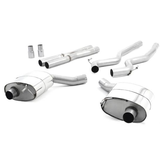 Milltek Non-Resonated 2.76" Cat Back Exhaust System featuring two polished stainless steel mufflers and 100mm round brushed titanium tailpipes.