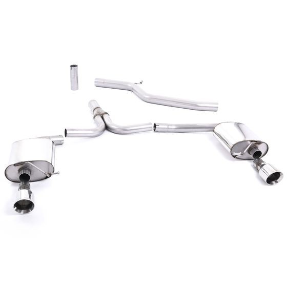 Milltek Non-Resonated 2.76" Cat Back Exhaust System featuring two polished 100mm round GT tailpipes, made from stainless steel with a sleek, shiny finish.