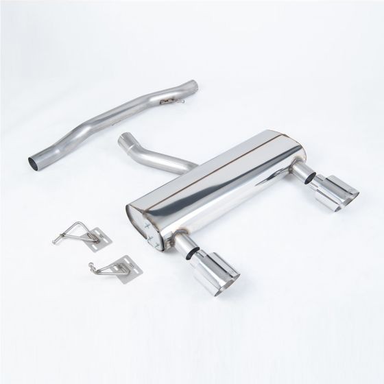 Polished stainless steel cat-back exhaust system featuring a central muffler, two 115mm round GT tailpipes, and connecting pipes with mounting brackets.