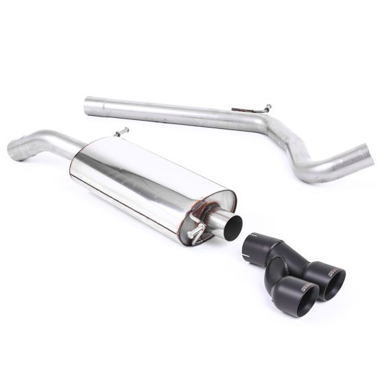 Milltek Non-Resonated 2.76" Cat Back Exhaust System featuring a polished stainless steel muffler, curved pipes, and two 80mm round GT Cerakote black tailpipes.