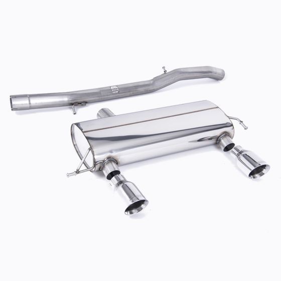 Milltek Non-Resonated 3" Cat Back Race Exhaust System featuring a polished stainless steel muffler and two 100mm round GT polished tailpipes.