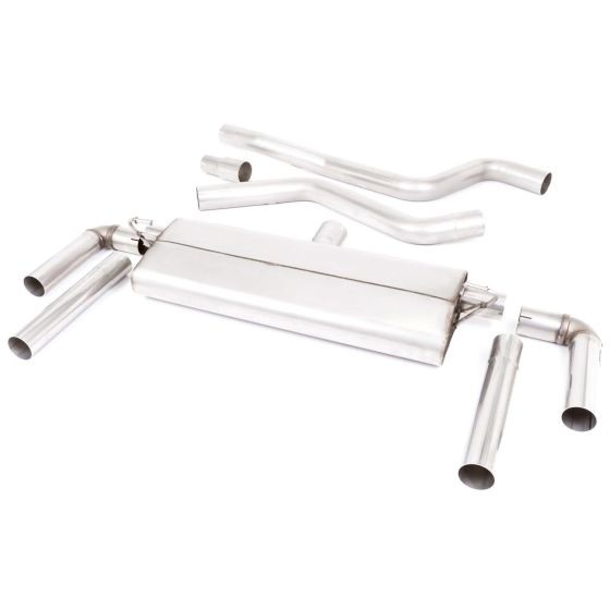 Milltek Non-Resonated 3" GPF Back Exhaust System featuring a polished stainless steel muffler and two 115mm round Cerakote black tailpipes, with multiple connecting pipes.