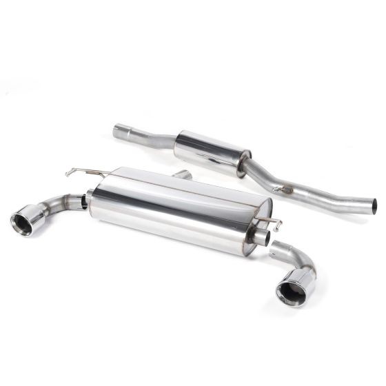 Polished stainless steel exhaust system featuring a resonated design, 2.5-inch diameter, and two 100mm round jet polished tailpipes for enhanced performance.