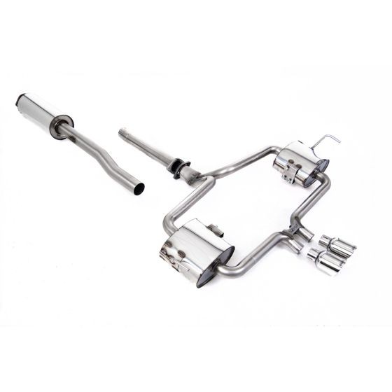 Milltek Resonated 2.5" Cat Back Exhaust System featuring polished stainless steel construction, dual 76mm round GT tailpipes, and EC approval for performance enhancement.