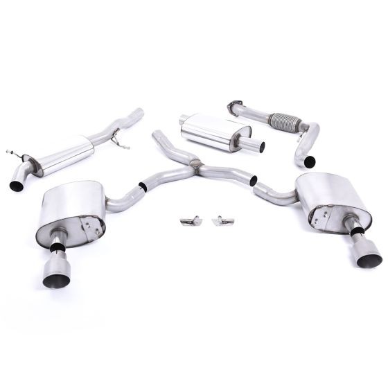 Milltek 2.75" resonated cat-back exhaust system featuring polished stainless steel components and two 100mm round brushed titanium tailpipes.
