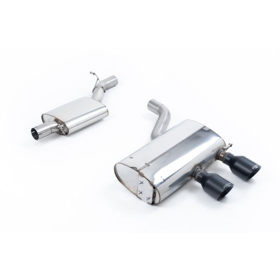 Milltek Resonated 2.75" Cat Back Exhaust System featuring polished stainless steel construction and two 100mm round Cerakote black tailpipes.