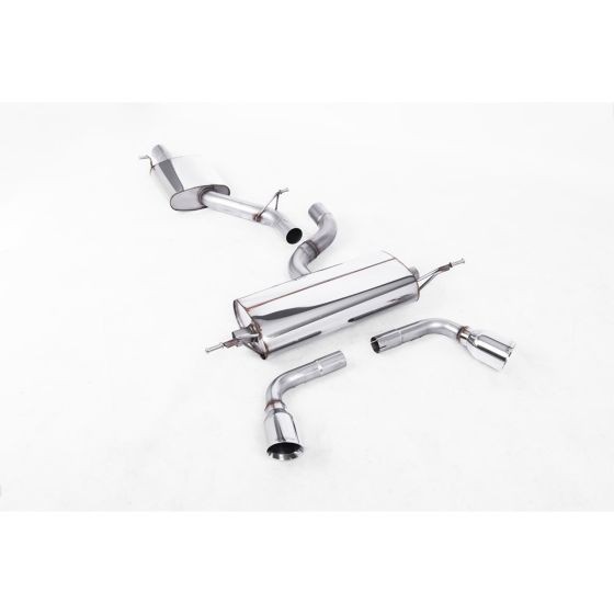 Polished stainless steel exhaust system featuring a resonated design, includes two 100mm round GT tailpipes and various connecting pipes for installation.