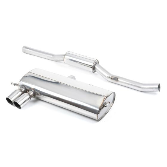 Polished stainless steel Milltek resonated 2.75" cat back exhaust system featuring a muffler and two 76.2mm round GT polished tailpipes.