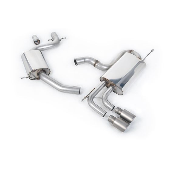 Milltek Resonated 2.75" Cat Back Exhaust System featuring polished stainless steel construction and two 80mm round brushed titanium tailpipes.