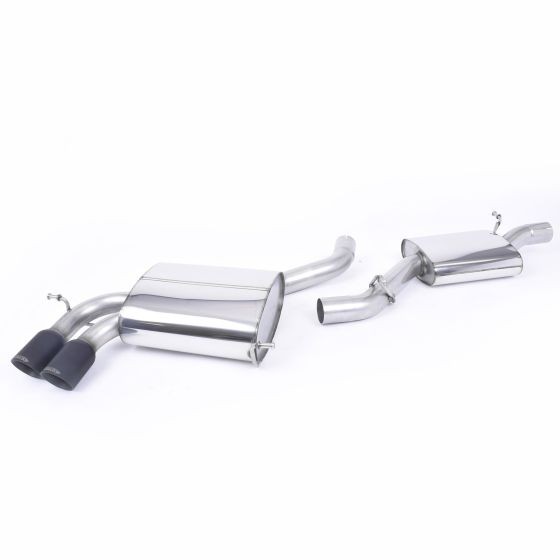 Milltek Resonated 2.75" Cat Back Exhaust System featuring polished stainless steel construction and two 80mm round GT Cerakote black tailpipes.