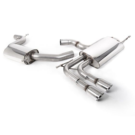 Polished stainless steel exhaust system featuring a resonated design with dual 80mm round GT tailpipes, showcasing sleek curves and high-quality craftsmanship.