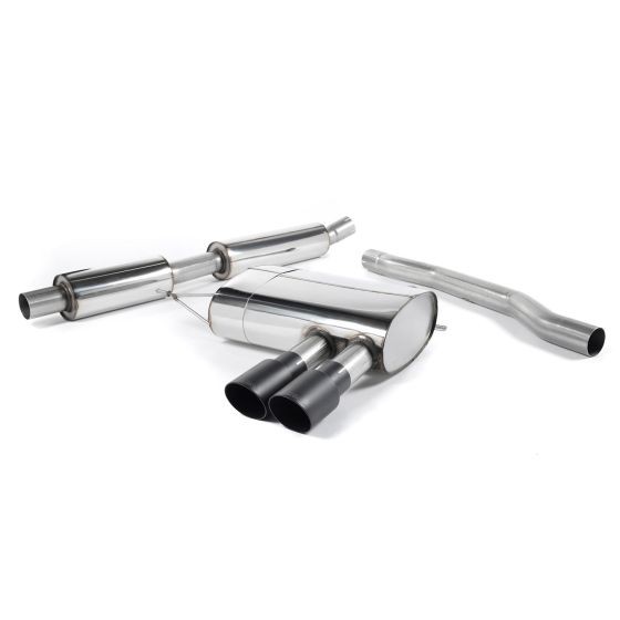 Milltek Resonated 2.75" Cat Back Exhaust System featuring polished stainless steel components and two 90mm round GT Cerakote black tailpipes.