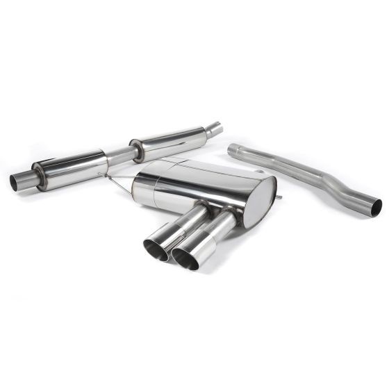 Milltek Resonated 2.75" cat-back exhaust system featuring polished stainless steel construction and two 90mm round GT tailpipes.