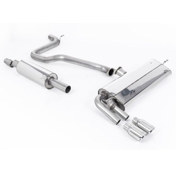 Milltek Resonated 2.76" Cat Back Exhaust System featuring polished stainless steel construction, two 80mm round GT tailpipes, and a sleek, curved design for enhanced performance.